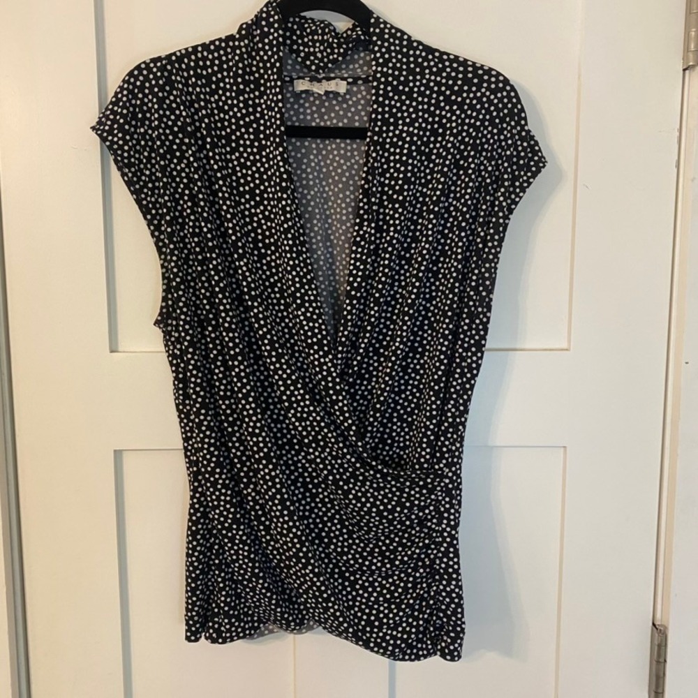 Chaus New York XL Polka Dot Wrap Front Sleeveless Ruched Blouse Black White Chic